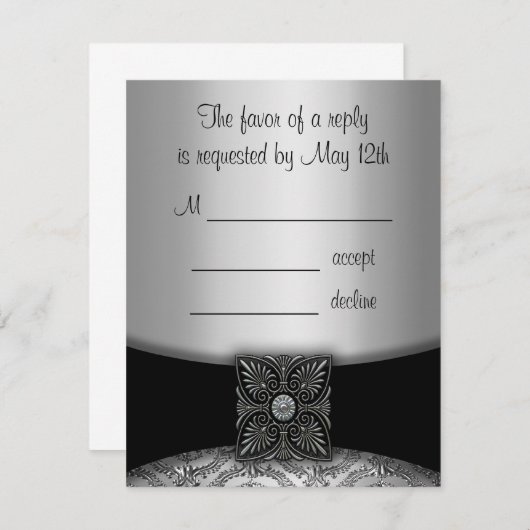 Silver & Black Damask RSVPカード (正面/裏面)