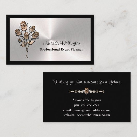 Silver & Black Floral Event Planner Business Card 名刺 (正面/裏面)