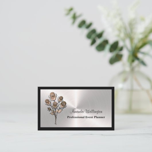 Silver & Black Floral Event Planner Business Card 名刺 (スタンド正面)