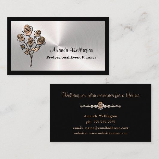 Silver & Black Floral Event Planner Business Card 名刺 (正面/裏面)