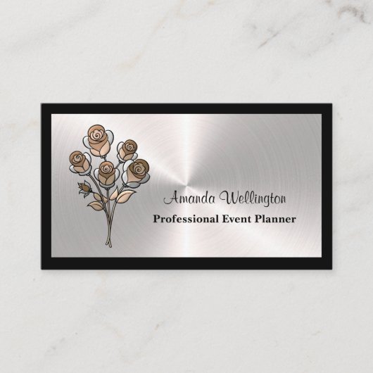 Silver & Black Floral Event Planner Business Card 名刺 (正面)