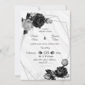 silver & black flowers botanical geometric wedding 招待状 (正面)