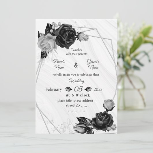 silver & black flowers botanical geometric wedding 招待状 (スタンド正面)