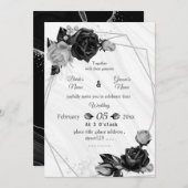 silver & black flowers botanical geometric wedding 招待状 (正面/裏面)