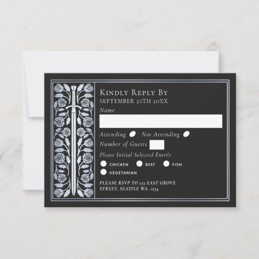 Silver Black Medieval Sword Wedding RSVP (正面)