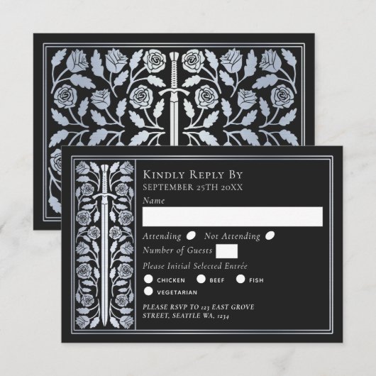 Silver Black Medieval Sword Wedding RSVP (正面/裏面)
