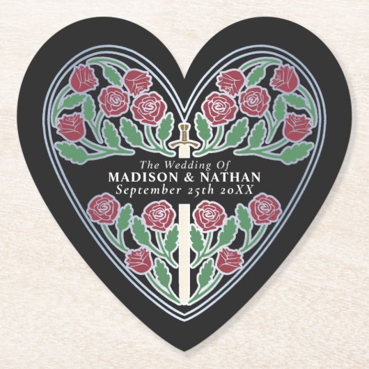 Silver Black Royal Medieval Floral Sword Wedding ペーパーコースター (正面)