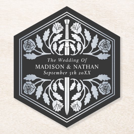 Silver Black Royal Medieval Sword Wedding ペーパーコースター (正面)