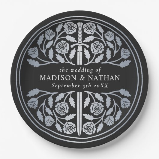 Silver Black Royal Medieval Sword Wedding  ペーパープレート (正面)