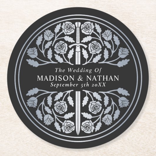 Silver Black Royal Medieval Sword Wedding ラウンドペーパーコースター (正面)