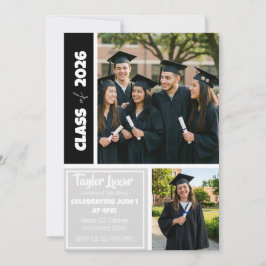 Silver Black White Picture Border Graduation 招待状