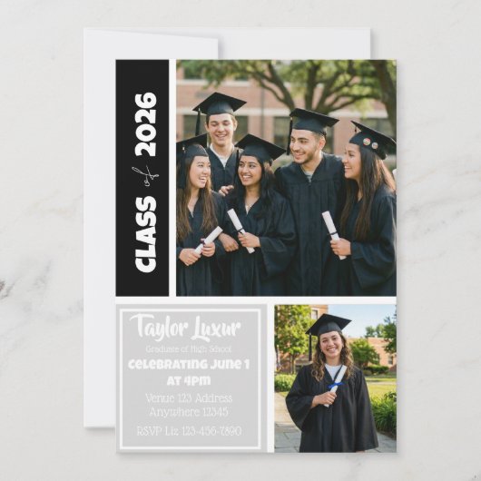 Silver Black White Picture Border Graduation 招待状 (正面)
