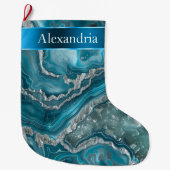 Silver Blue Aqua Glam Glitz Christmas Name ラージクリスマスストッキング (正面)