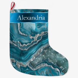 Silver Blue Aqua Glam Glitz Christmas Name ラージクリスマスストッキング