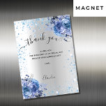 Silver blue floral glitter thank you magnet card<br><div class="desc">Faux silver looking background,  decorated with light blue faux glitter,  sparkles and blue florals. Large hand lettered script with swashes and the text: Thank You.  Personalize and add your thank you note and name.</div>