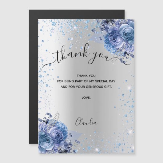 Silver blue floral glitter thank you magnet card (正面/裏面)