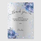 Silver blue floral glitter thank you magnet card (正面)