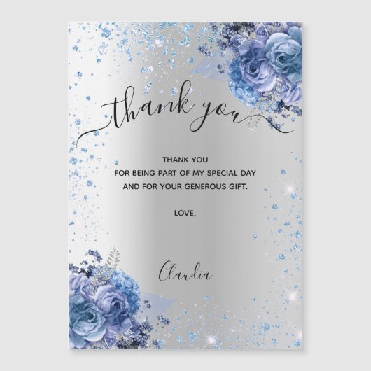 Silver blue floral glitter thank you magnet card (正面)