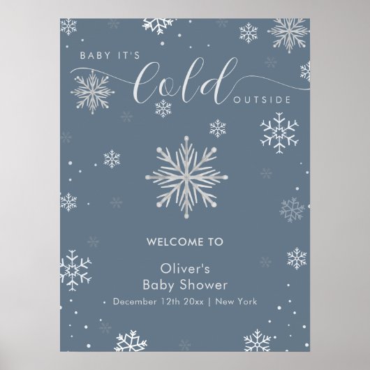 Silver Blue Magical Snowflake Baby Shower Welcome  ポスター (正面)