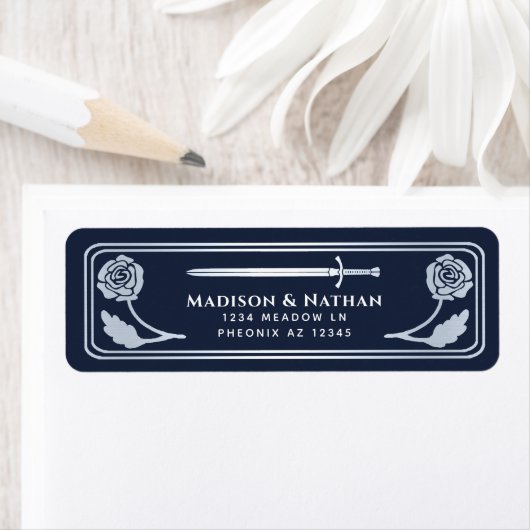 Silver Blue Medieval Fantasy Sword Wedding Label ラベル (インサイチュ)