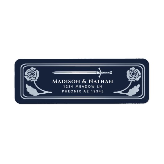 Silver Blue Medieval Fantasy Sword Wedding Label ラベル (正面)