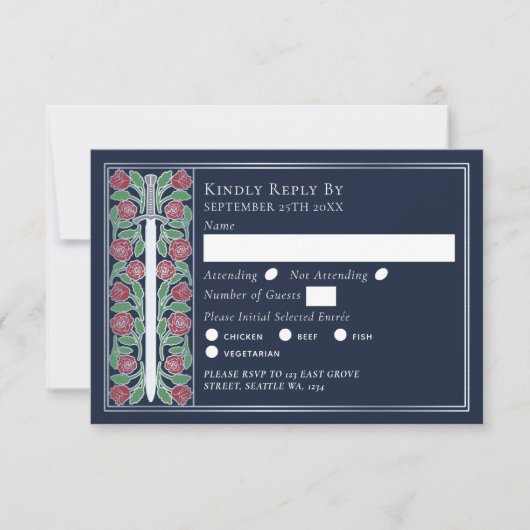 Silver Blue Medieval Floral Sword Wedding RSVP (正面)