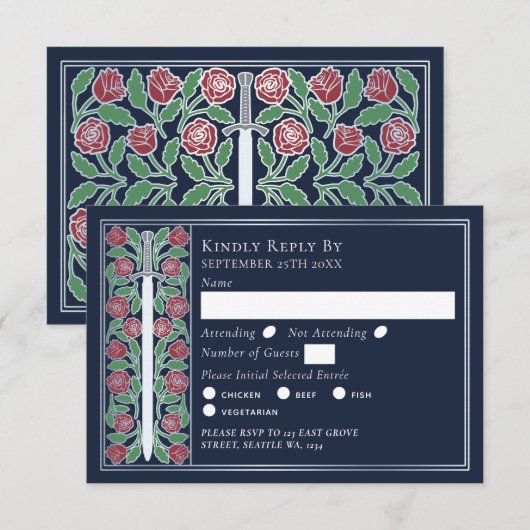 Silver Blue Medieval Floral Sword Wedding RSVP (正面/裏面)