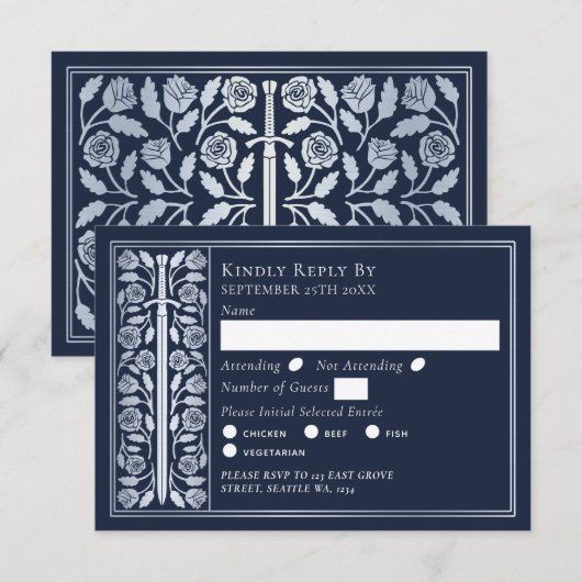 Silver Blue Medieval Sword Wedding RSVP (正面/裏面)
