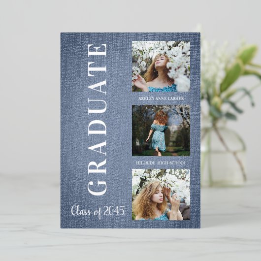 Silver Blue Modern 3 Photos Graduation Texture 箔招待状 (立ち正面)