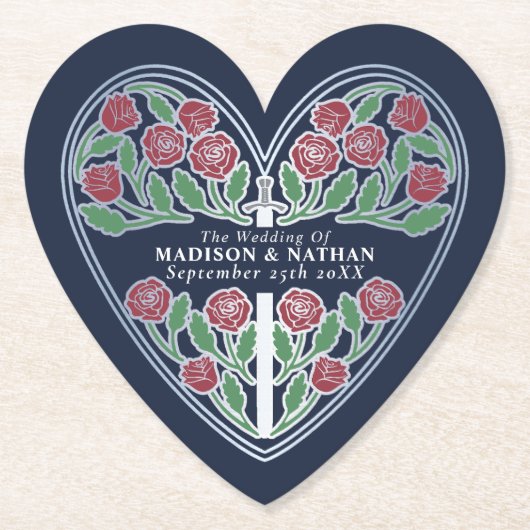 Silver Blue Royal Medieval Floral Sword Wedding ペーパーコースター (正面)