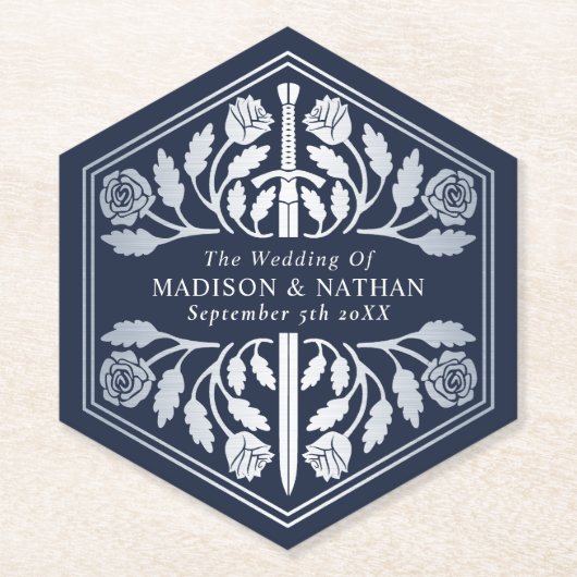 Silver Blue Royal Medieval Sword Wedding ペーパーコースター (正面)