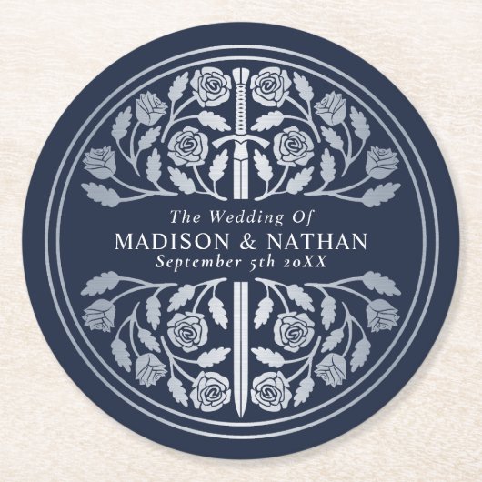 Silver Blue Royal Medieval Sword Wedding ラウンドペーパーコースター (正面)