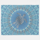 Silver Blue Sea Turtle And Mandala フリースブランケット (正面(横))