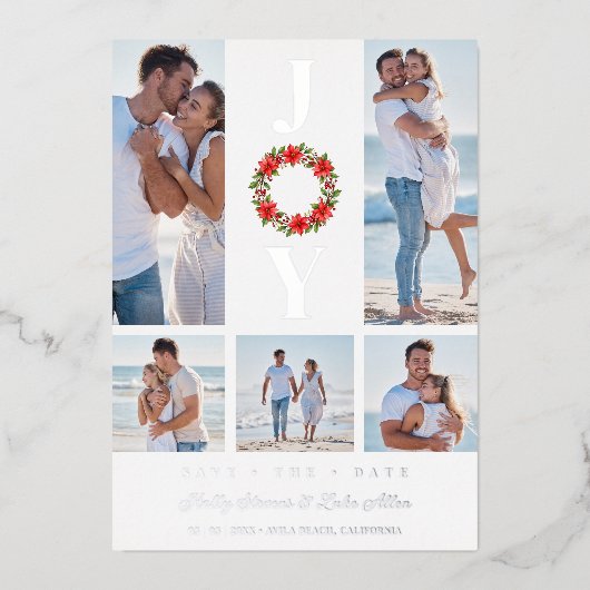 Silver Botanic Christmas Wreath Initials 5 Photos 箔招待状 (正面)