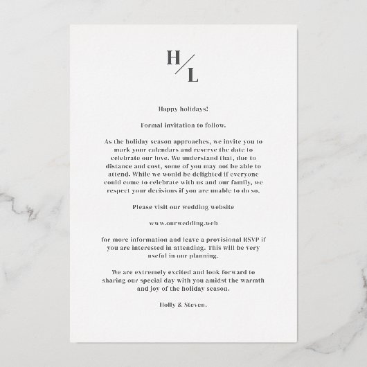 Silver Botanic Christmas Wreath Initials 5 Photos 箔招待状 (裏面)