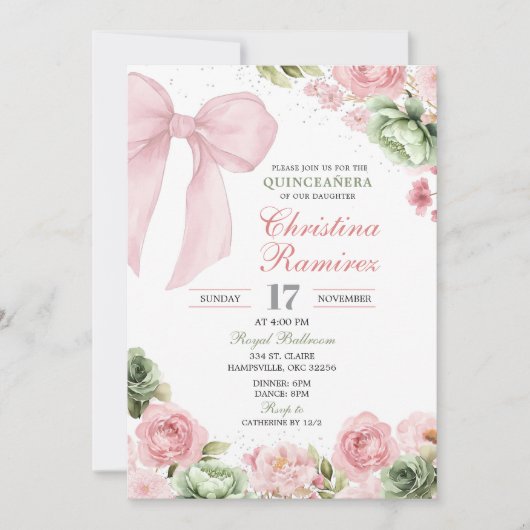 Silver Bow Sage Pink Coquette Floral Quinceanera 招待状 (正面)