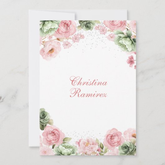 Silver Bow Sage Pink Coquette Floral Quinceanera 招待状 (裏面)