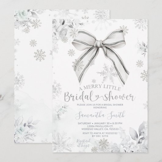 Silver Bow Winter A Merry Little Bridal Shower 招待状 (正面/裏面)
