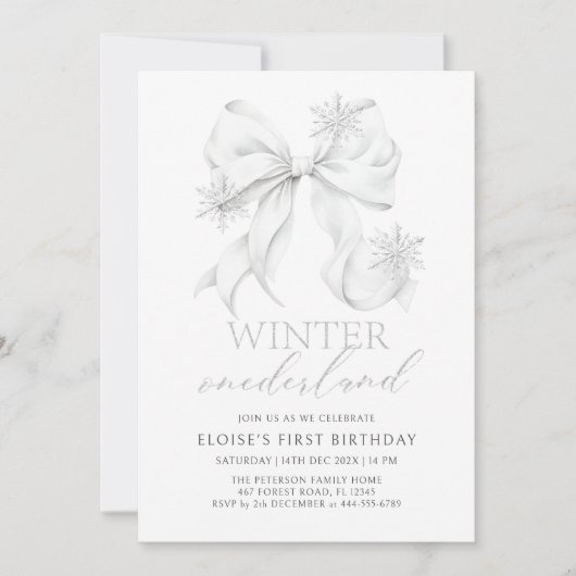 Silver Bow Winter Onederland 1st Birthday 招待状 (正面)