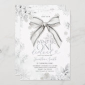 Silver Bow Winter Onederland Snowfall 1st Birthday 招待状 (正面/裏面)