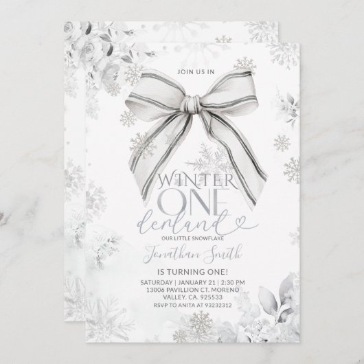 Silver Bow Winter Onederland Snowfall 1st Birthday 招待状 (正面/裏面)