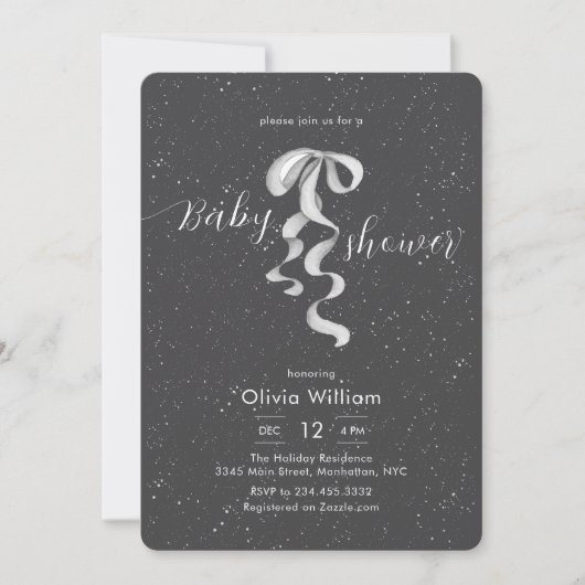 Silver Bow Winter Snow Dark Grey Baby Shower 招待状 (正面)