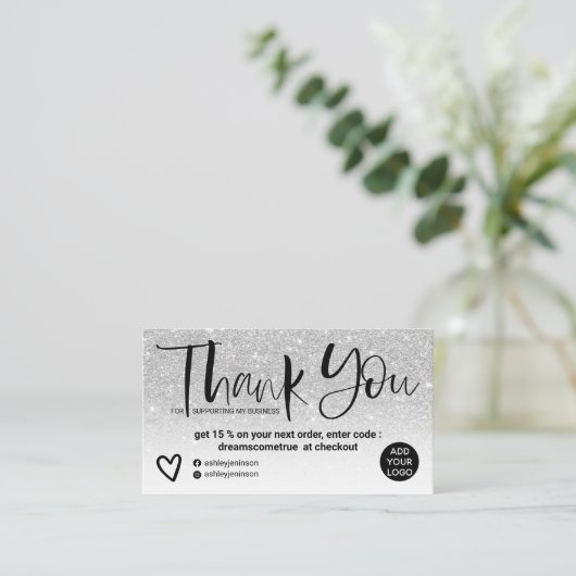 Silver brush font chic white order thank you 名刺 (スタンド正面)