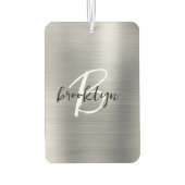 Silver Brushed Metal Black White Script Monogram  カーエアーフレッシュナー (裏面)