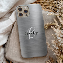 Silver Brushed Metal Black White Script Monogram  iPhone 15ケース