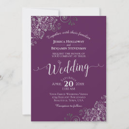 Silver Calligraphy Elegant Plum Purple Wedding 招待状