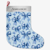 Silver Christmas Blue Bows ラージクリスマスストッキング (正面)