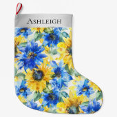 Silver Christmas Blue Yellow Flowers ラージクリスマスストッキング (正面)