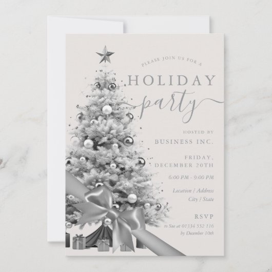 Silver Christmas Tree Bow Corporate Holiday Party 招待状 (正面)