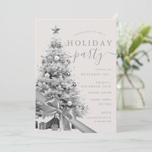 Silver Christmas Tree Bow Corporate Holiday Party  招待状 (スタンド正面)